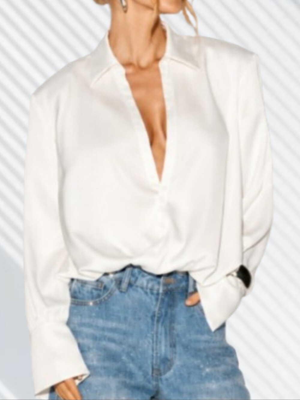 Classic White Satin V-Neck Women's Blouse Bodysuit